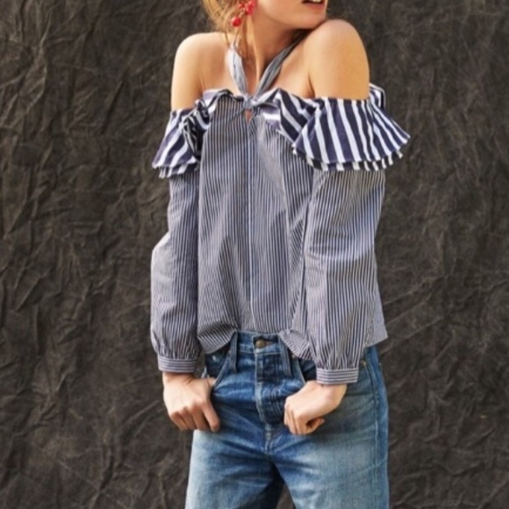 J. Crew Ruffles Off Shoulder Tie Neck blue stripes Top size 2 - Picture 2 of 8